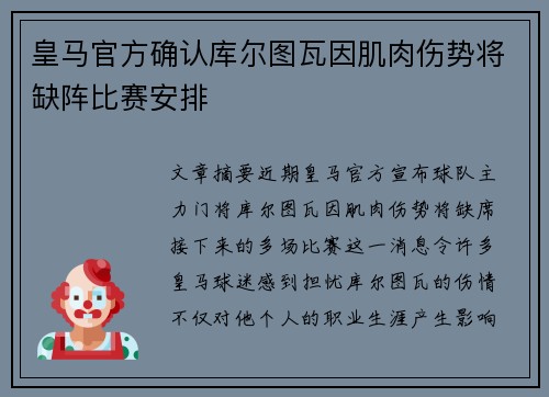 皇马官方确认库尔图瓦因肌肉伤势将缺阵比赛安排